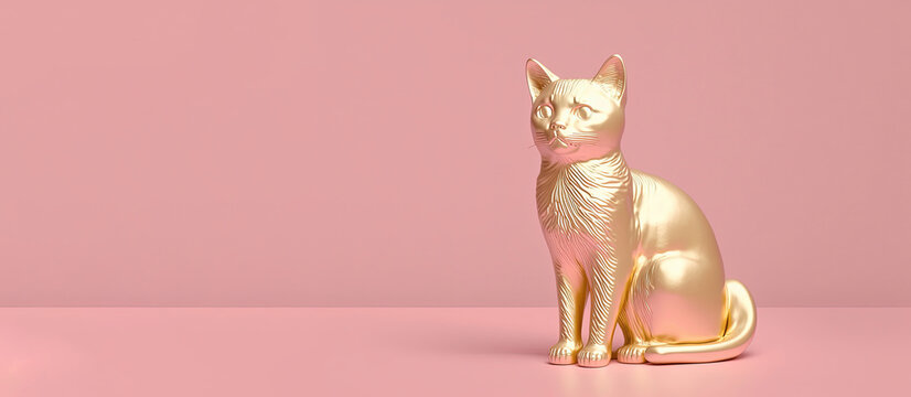 Gold cat statue on pink background, copy space