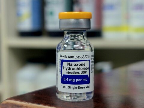 Closeup shot of a glass vial of Narcan 0.4mg per ml for emergencies and overdoses