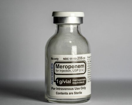 Bottle of Meropenem antibiotics treating infections for injection on a table