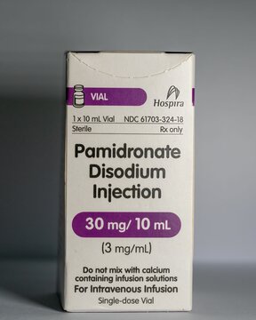 Packet of Pamidronate Disodium medicine for injection treating hypercalcemia