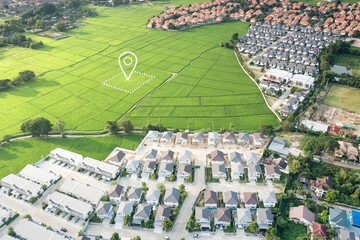Land plot in aerial view. Identify registration symbol of vacant area for map. Real estate or...