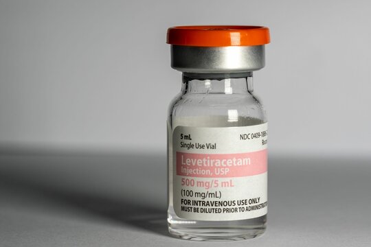 Bottle of Levetiracetam anticonvulsant treating epileptic seizures for injection