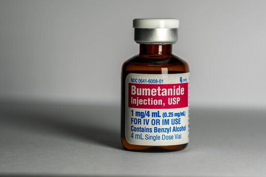Bottle of Bumetanide drug for injection treating fluid retention and high blood pressure