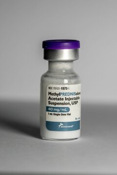 Bottle of Methylprednisolone drug for injection treating inflammation, severe allergies