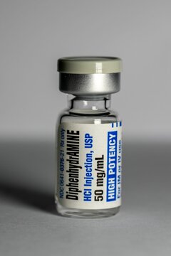 Bottle of Diphenhydramine-Benadryl drug for injection treating allergic reactions, insomnia, cough