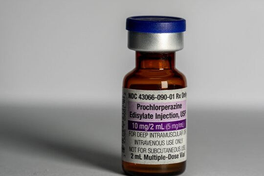Bottle of Prochlorperazine drug for injection treating nausea, migraines and anxiety