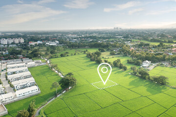 Land plot in aerial view. Identify registration symbol of vacant area for map. Real estate or...