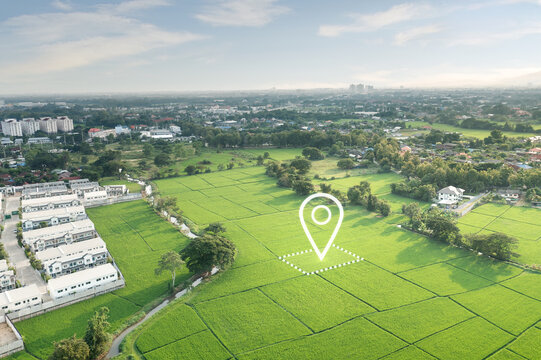 Land plot in aerial view. Identify registration symbol of vacant area for map. Real estate or property for business of home, house or residential i.e. construction, development, sale, buy, investment.