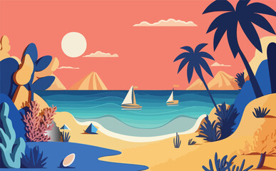 Fototapeta na wymiar Summer time fun concept design. Creative background of landscape . Summer sale, post template- vector