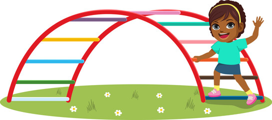 Vector illustration of little girl play climbing. Climb ladder on playground. Student at school childhood concept