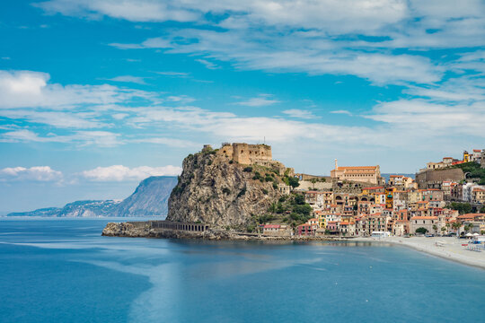 View of Ruffo castle and Scilla village perched on the promontory, province of Reggio Calabria IT