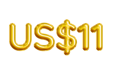US$11 or Eleven Dollar 3D Gold Balloon. You can use this asset for your content like as USD Currency, Flyer Marketing, Banner, Promotion, Advertising, Discount Card, Pamphlet, Template and anymore.