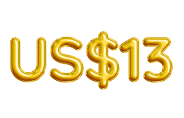 US$13 or Thirteen Dollar 3D Gold Balloon. You can use this asset for your content like as USD Currency, Flyer Marketing, Banner, Promotion, Advertising, Discount Card, Pamphlet, Template and anymore