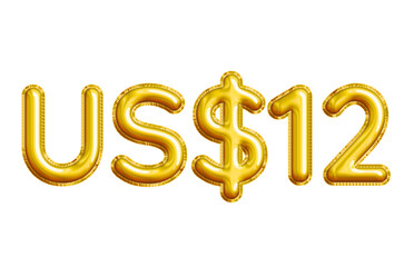 US$12 or Twelve Dollar 3D Gold Balloon. You can use this asset for your content like as USD Currency, Flyer Marketing, Banner, Promotion, Advertising, Discount Card, Pamphlet, Template and anymore.