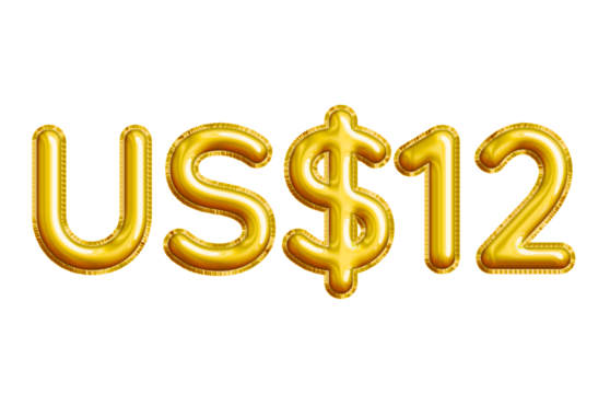 US$12 or Twelve Dollar 3D Gold Balloon. You can use this asset for your content like as USD Currency, Flyer Marketing, Banner, Promotion, Advertising, Discount Card, Pamphlet, Template and anymore.