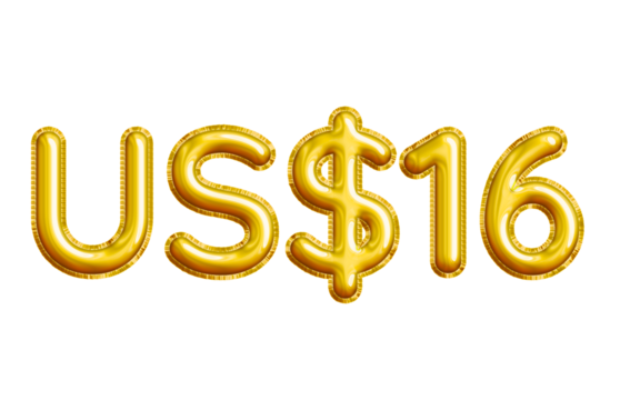 US$16 or Sixteen Dollar 3D Gold Balloon. You can use this asset for your content like as USD Currency, Flyer Marketing, Banner, Promotion, Advertising, Discount Card, Pamphlet, Template and anymore.