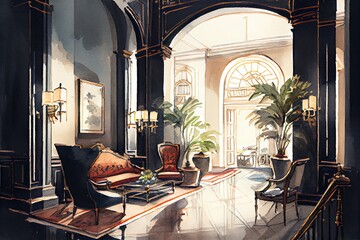 Watercolor Illustration of a Luxury Dark And Classic Hotel Lobby With Furniture. Generative AI