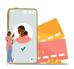 Tiny Female Character Standing Next To A Huge Phone with Face Recognition System Displayed on Screen Vector Illustration