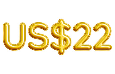 US$22 or Twenty-two Dollar 3D Gold Balloon. You can use this asset for your content like as USD Currency, Flyer Marketing, Banner, Promotion, Advertising, Discount Card, Pamphlet and anymore.