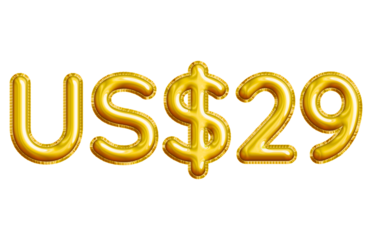 US$29 or Twenty-nine Dollar 3D Gold Balloon. You can use this asset for your content like as USD Currency, Flyer Marketing, Banner, Promotion, Advertising, Discount Card, Pamphlet and anymore.