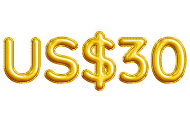 US$30 or Thirty Dollar 3D Gold Balloon. You can use this asset for your content like as USD Currency, Flyer Marketing, Banner, Promotion, Advertising, Discount Card, Pamphlet, Template and anymore.