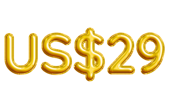 US$29 or Twenty-nine Dollar 3D Gold Balloon. You can use this asset for your content like as USD Currency, Flyer Marketing, Banner, Promotion, Advertising, Discount Card, Pamphlet and anymore.