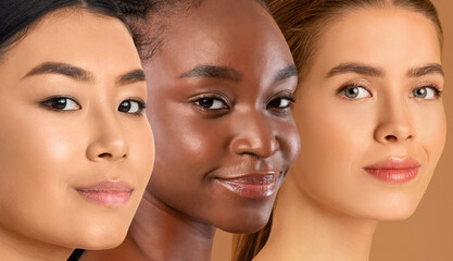 Smiling faces of multiracial ladies posing on beige, collage