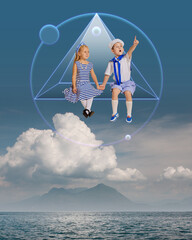 Cure little kids, boy and girl sitting on abstract geometric figure over sky and sea background....