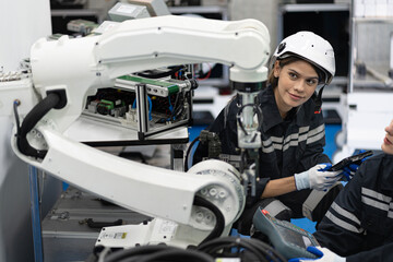 Two Engineer caucasian woman use tablet computer control and checking arm robot in the machine lap	