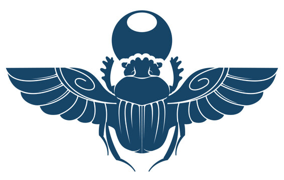 Egyptian Scarab beetle with spread wings, ancient egyptian dung beetle silhouette, vector