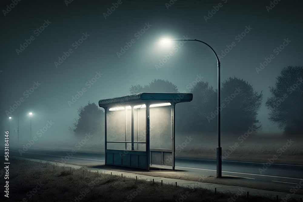 Canvas Prints a deserted bus stop, illuminated by a single lamp post in the darkness, created with generative ai