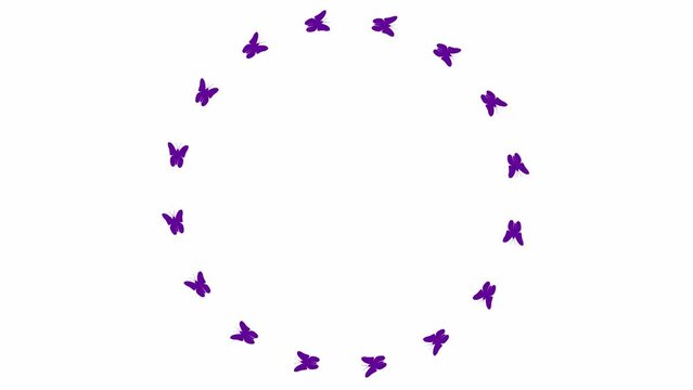 Animated frame from violet butterflies fly in a circle. Looped video. Summer and spring concept. Vector illustration isolated on white background.