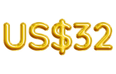 US$32 or Thirty-two Dollar 3D Gold Balloon. You can use this asset for your content like as USD Currency, Flyer Marketing, Banner, Promotion, Advertising, Discount Card, Pamphlet and anymore.