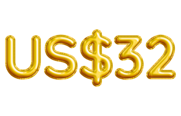 US$32 or Thirty-two Dollar 3D Gold Balloon. You can use this asset for your content like as USD Currency, Flyer Marketing, Banner, Promotion, Advertising, Discount Card, Pamphlet and anymore.