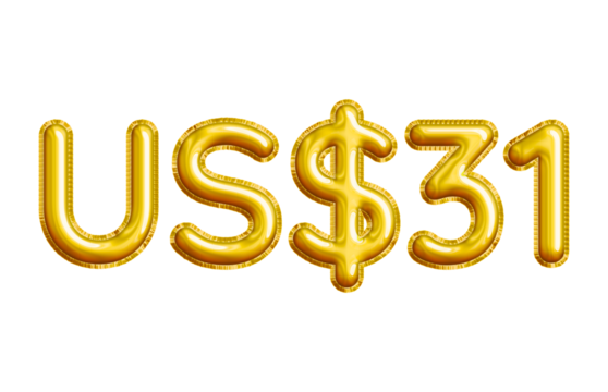 US$31 or Thirty-one Dollar 3D Gold Balloon. You can use this asset for your content like as USD Currency, Flyer Marketing, Banner, Promotion, Advertising, Discount Card, Pamphlet and anymore.