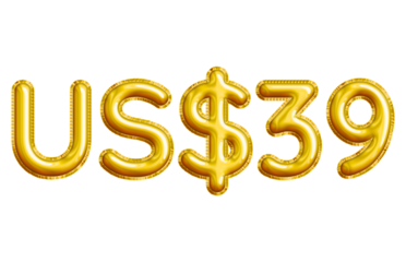 US$39 or Thirty-nine Dollar 3D Gold Balloon. You can use this asset for your content like as USD Currency, Flyer Marketing, Banner, Promotion, Advertising, Discount Card, Pamphlet and anymore.