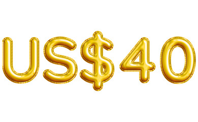 US$40 or Forty Dollar 3D Gold Balloon. You can use this asset for your content like as USD Currency, Flyer Marketing, Banner, Promotion, Advertising, Discount Card, Pamphlet, Template Ads and anymore.