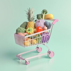 3D illustration, shopping cart full of healthy food, Ai Generative.