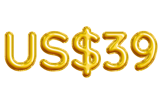 US$39 or Thirty-nine Dollar 3D Gold Balloon. You can use this asset for your content like as USD Currency, Flyer Marketing, Banner, Promotion, Advertising, Discount Card, Pamphlet and anymore.