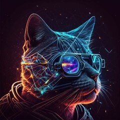 space cat, with constellation in the background, centralized with geometric glasses