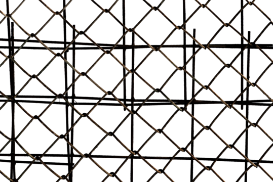 The texture of the metal mesh. Torn, destroyed, broken metal mesh on a white background