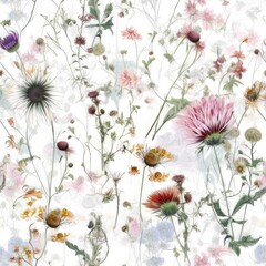 Abstraktes schönes pastellfarbenes Wildblumen Tapeten Muster, nahtlos, Generative AI © Jennifer