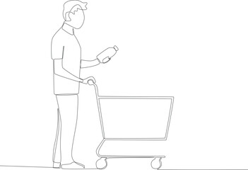 A man pushing a trolley and holding a bottle. Grocery shopping one-line drawing