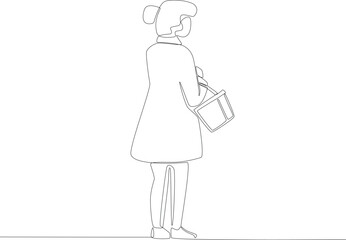 A woman carrying a shopping basket in a supermarket. Grocery shopping one-line drawing