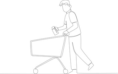A young man pushing a trolley and holding milk. Grocery shopping one-line drawing