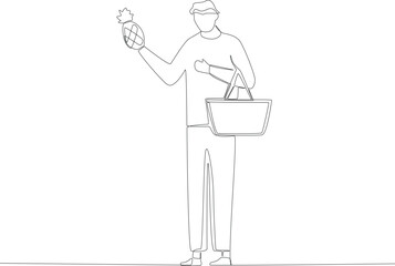 A man holding a pineapple. Grocery shopping one-line drawing