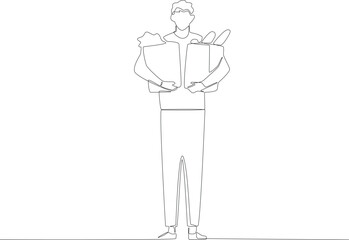 A man holding two shopping bags. Grocery shopping one-line drawing