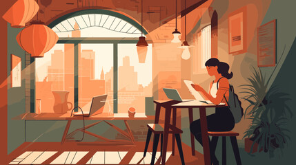 A Female Digital Nomad Working Remotely On Her Laptop In A Café. Scalable & Editable Vector Art