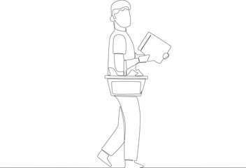 A man holding a basket and a shopping list. Grocery shopping one-line drawing