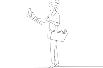 A woman shopping for daily necessities. Grocery shopping one-line drawing